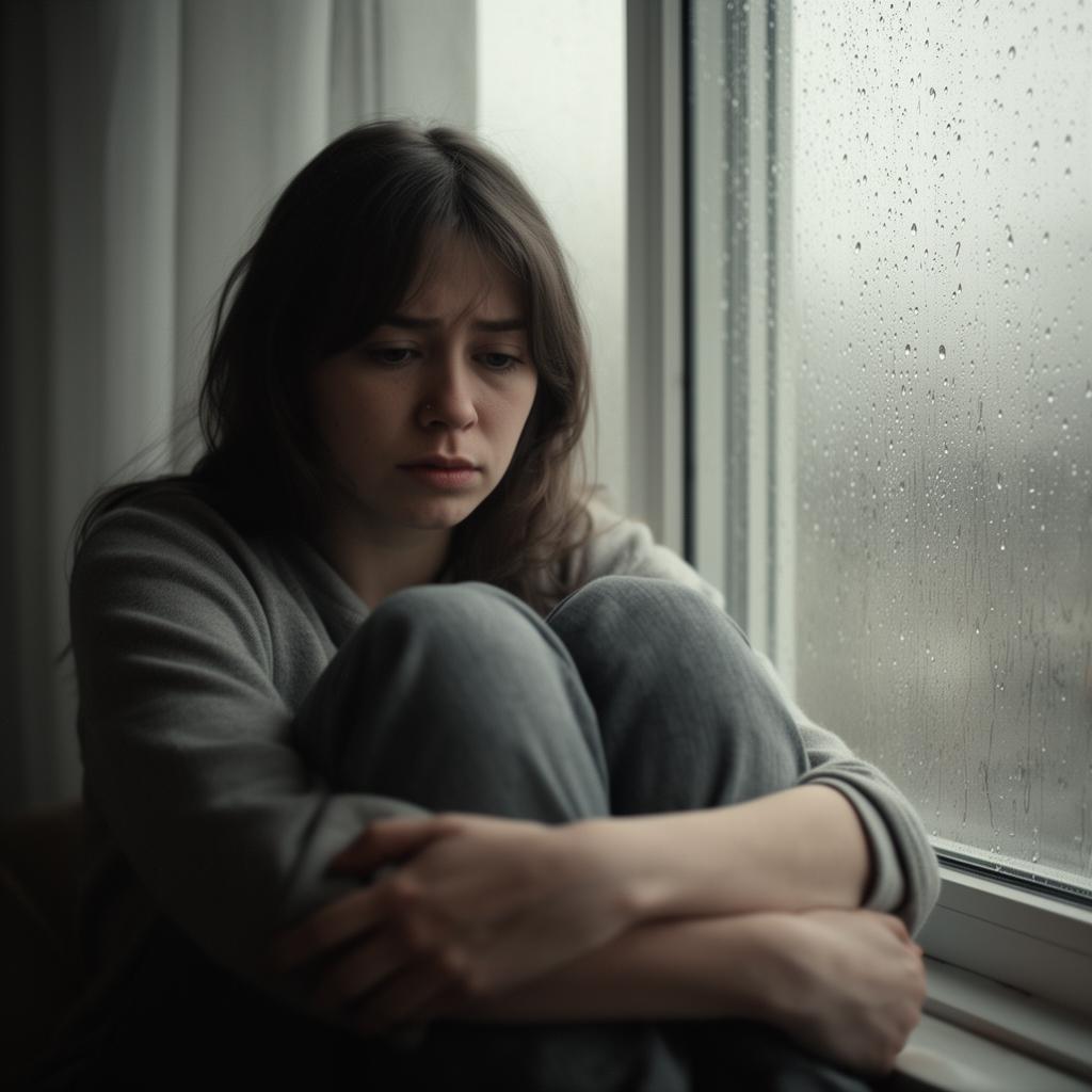 Pessoa levemente deprimida olhando pela janela em um dia chuvoso