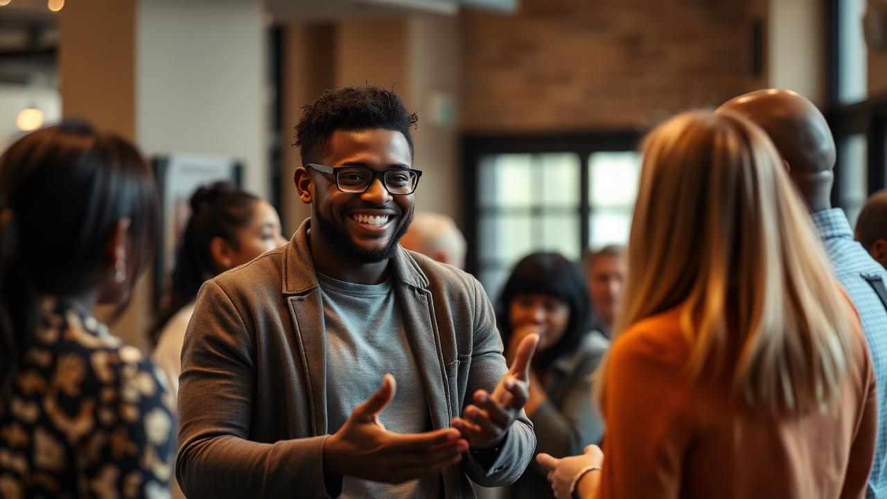 Pessoa se comunicando com outras pessoas em um ambiente social