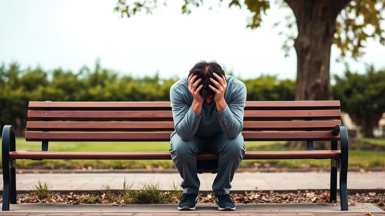 Mulher sentada em um banco de parque segurando o peito com expressão de ansiedade